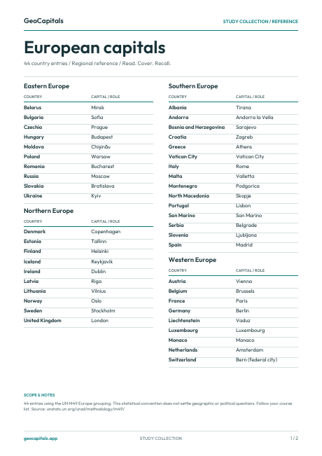 First page of the european capitals guide, with regional reference tables