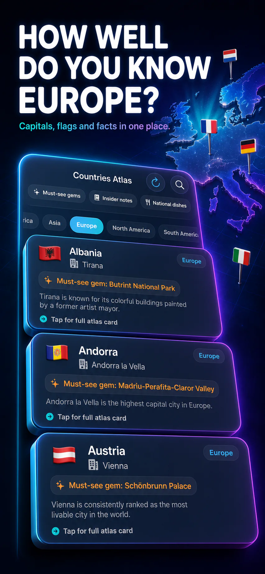 GeoCapitals atlas browser screen on iPhone