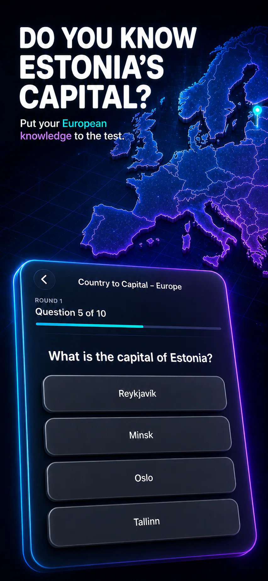 GeoCapitals capital quiz screen on iPhone