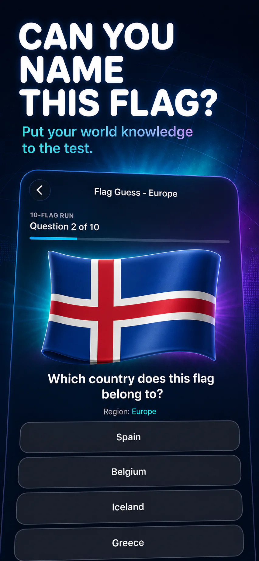 GeoCapitals flag quiz screen on iPhone