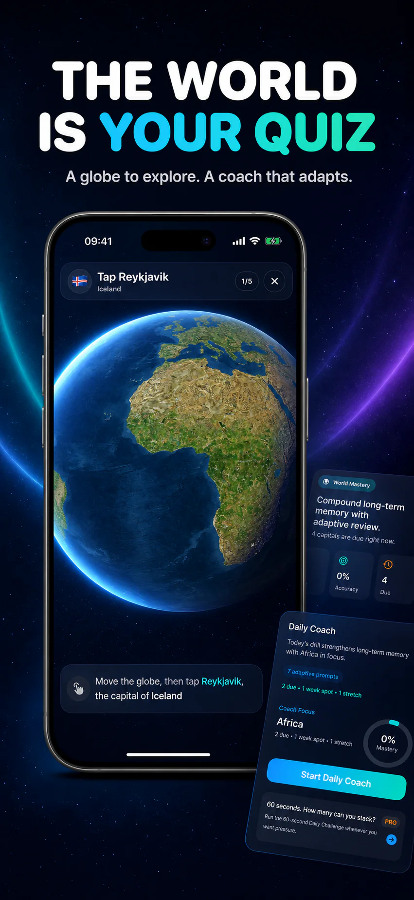 GeoCapitals world geography practice with an African globe view